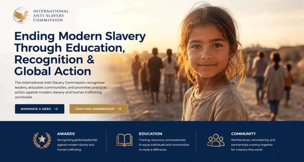 A child smiling in a rural setting, surrounded by a group of people in the background, focused on the theme of ending modern slavery through education and global action.